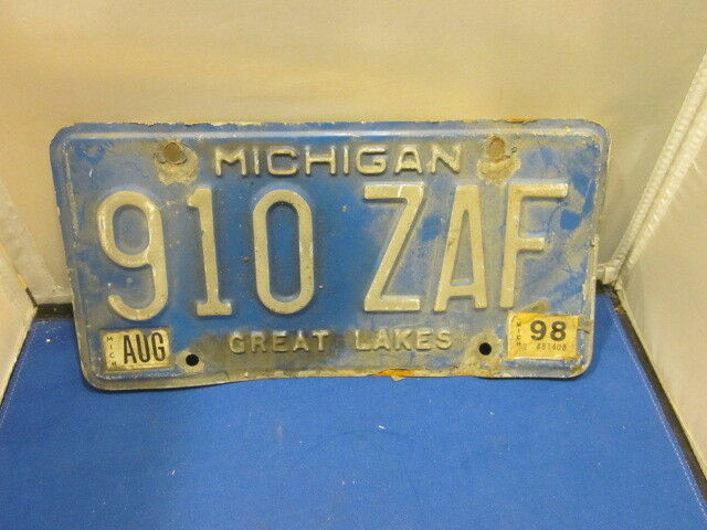 Michigan License Plate # 910 Zaf 1998 Expired Over 3 Years Blue & White *